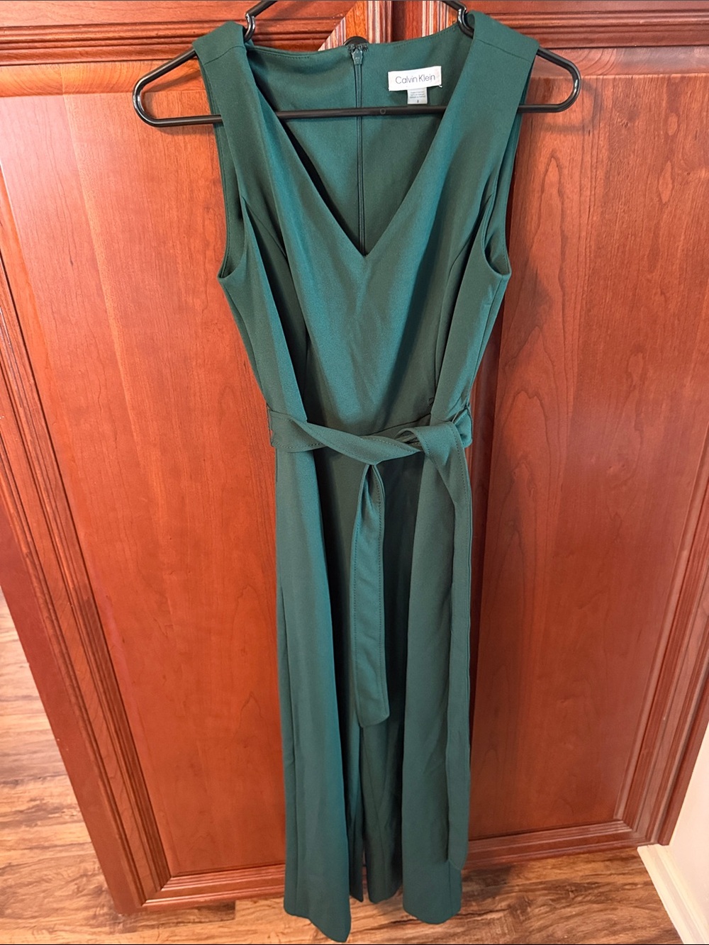 Calvin Klein Deep Green Sleeveless V-Neck Jumpsuit with Tie Waist